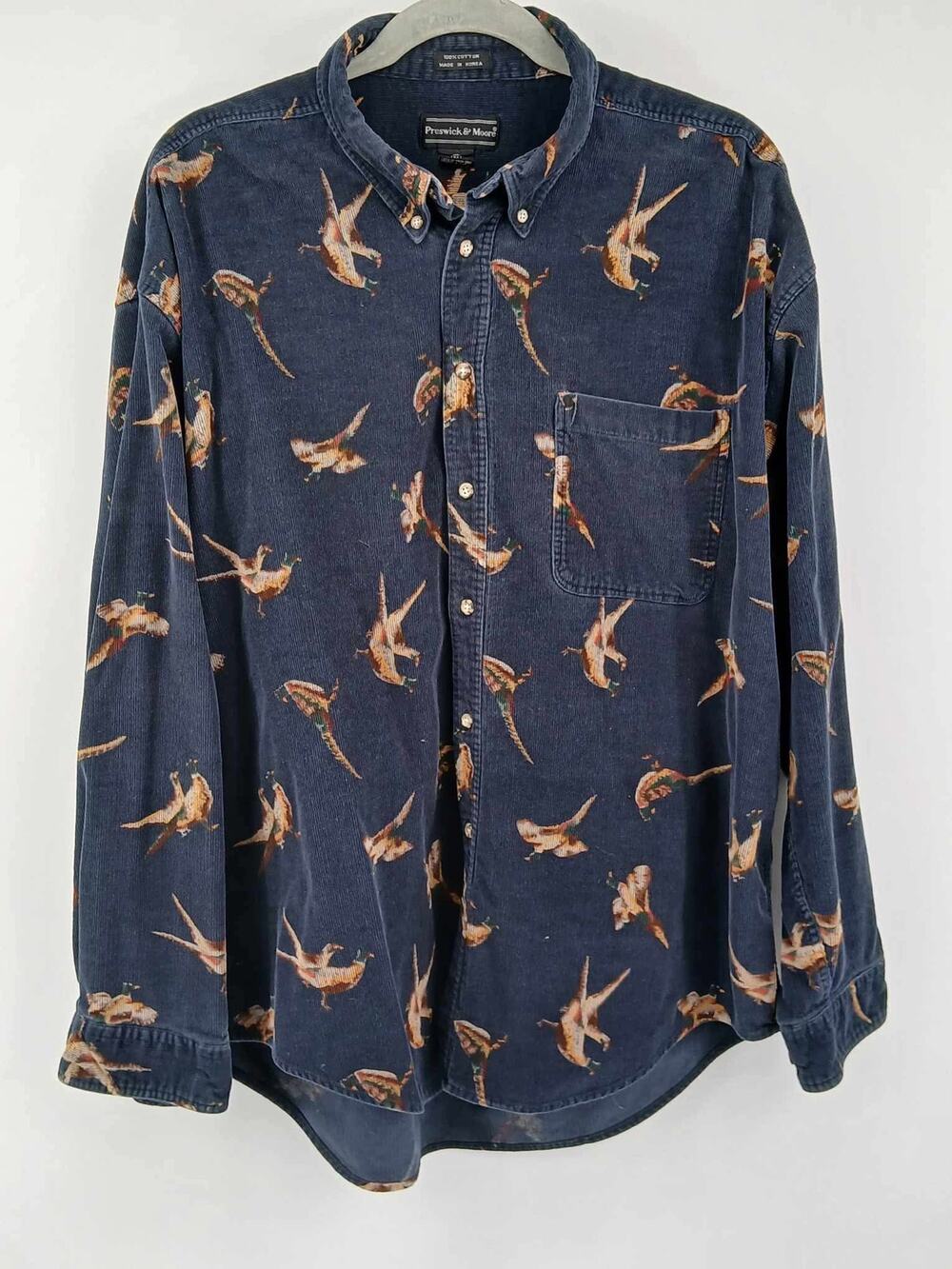 Corduroy button-up shirt, Preswick & Moore, swallow bird  print